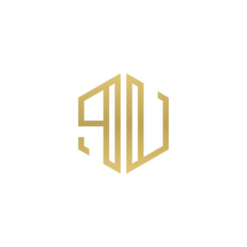 recommend clip art: Initial letter PU, minimalist line art hexagon shape logo, gold color