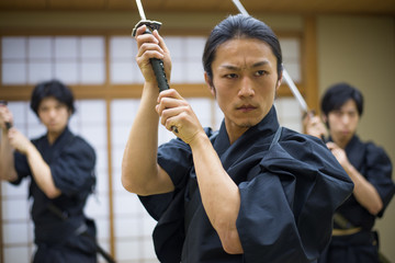Samurai training in a traditional dojo in Tokyo