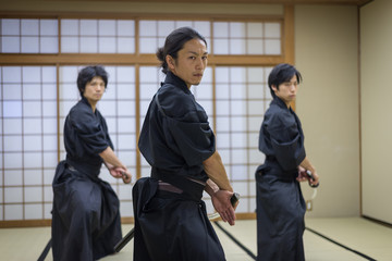 Samurai training in a traditional dojo in Tokyo