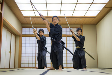 Samurai training in a traditional dojo in Tokyo