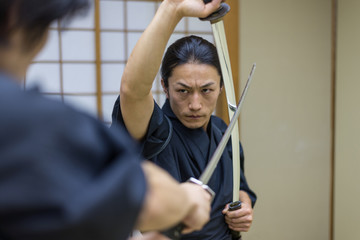 Samurai training in a traditional dojo in Tokyo