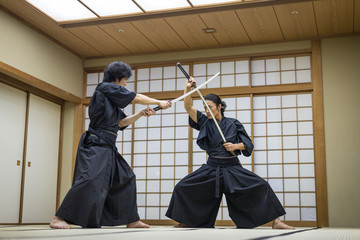 Samurai training in a traditional dojo in Tokyo