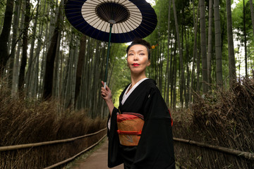 Japanese woman with kimono in Arashiyama bamboo forest
