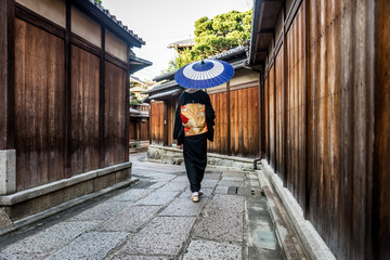 Asian woman with yukata walking in Kyoto, Japan