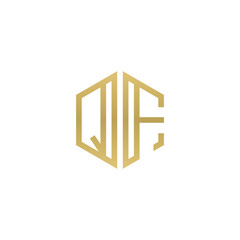 Initial letter QF, minimalist line art hexagon shape logo, gold color