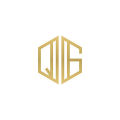 Initial letter QG, minimalist line art hexagon shape logo, gold color