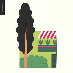 Simple things - house - flat cartoon vector illustration of a town house with a balcony and plants on it, striped sunblind, and a bush and a tall tree next to the house, summer postcard