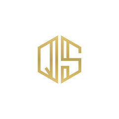 Initial letter QS, minimalist line art hexagon shape logo, gold color