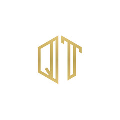 Initial letter QT, minimalist line art hexagon shape logo, gold color