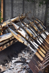 grilled fish on skewers over fire pit 