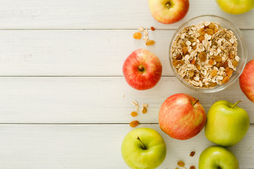 Healthy morning meals with muesli and apples