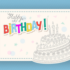 colorful birthday card with outline doodle cake three candles