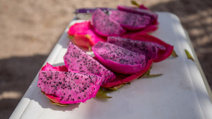 Fresh sliced red dragon fruits