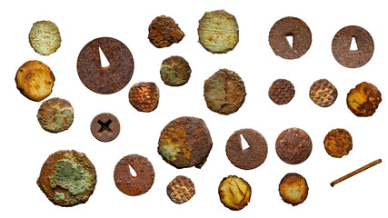Old rusty nail top head set isolated on white background
