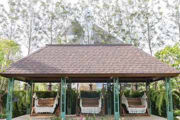 Naklejka premium The bed for sleep side swimming pool,Time for relax