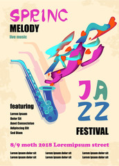 Template for the poster of a jazz festival with musical instruments. Illustration with saxophone and inscription elements and abstract volumetric forms. Colorful Musicians of the Jazz Festival