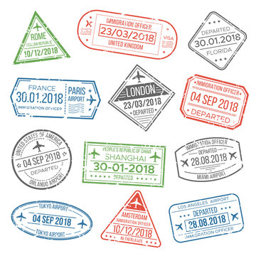 Visa travel cachet passport signs or airport stamps with framing country. Vintage international airport stamp and postmark template vector set