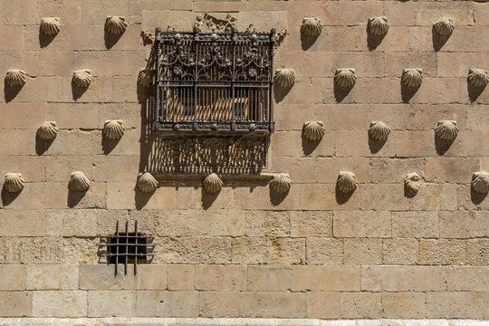 detalle de la verja de hierro en las ventanas de la Casa de las conchas de Salamanca en Espa&ntilde;a