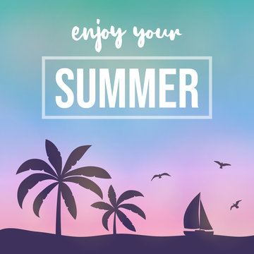 Paradise summer under palm trees. Shiny poster with text. Vector.