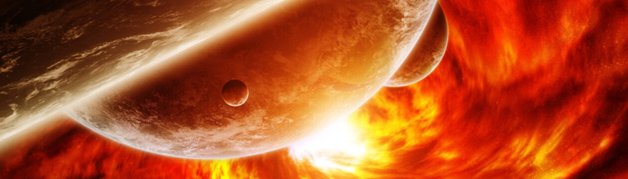 Exploding sun in space close to planet 3D rendering elements of this image furnished by NASA