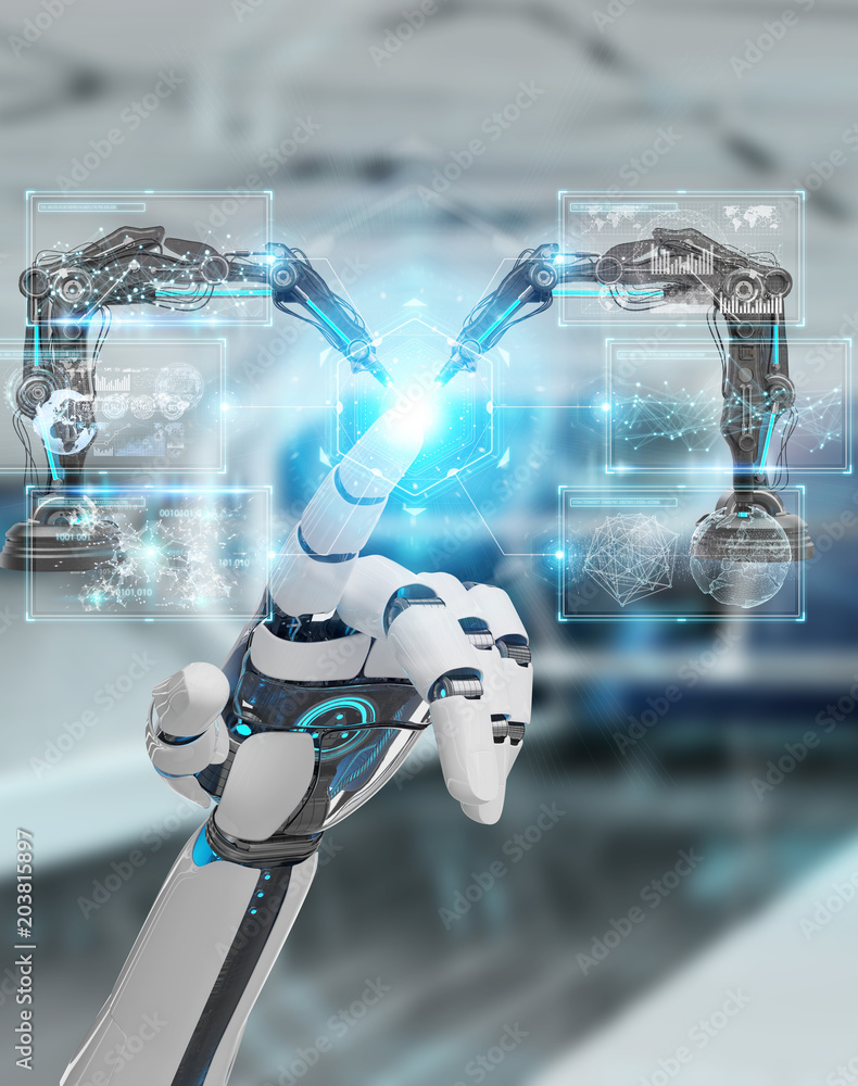 Aufkleber white robot hand using robotics arms with digital screen 3d rendering