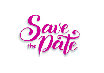 Naklejka na ściany i meble Сalligraphy lettering of Save the date in pink with shadow on white background for wedding invitation, advertisement, event, decoration