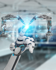 White robot hand using robotics arms with digital screen 3D rendering