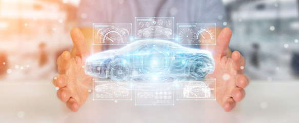 Businessman using modern smart car interface 3D rendering