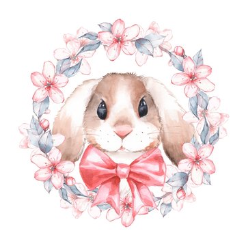 Cute rabbit and wreath. Watercolor illustration. Isolated on white background