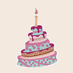 doodle colorful birthday cake with flowers and candle