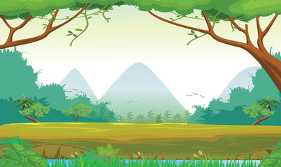 Naklejka premium illustration of forest with a river background