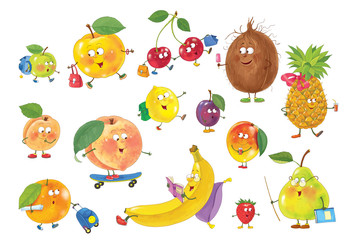 Fototapeta premium Set of cute funny fruits. Illustration for children. Coloring page. Funny cartoon characters isolated on white background