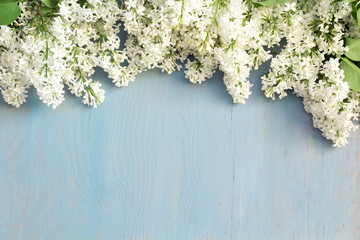 Lilac flowers on blue wooden background. Copy space. 