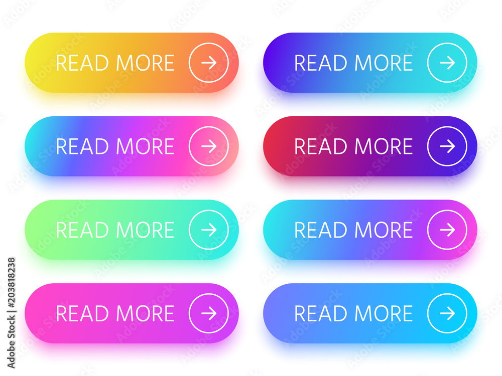 Poster colorful buttons with read more sign and arrow icon. action button with vivid gradient isolated vect