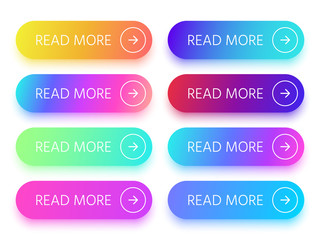 Colorful buttons with Read more sign and arrow icon. Action button with vivid gradient isolated vector icons in collection