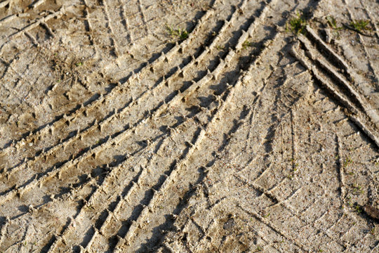 Tyre tracks on sand.
