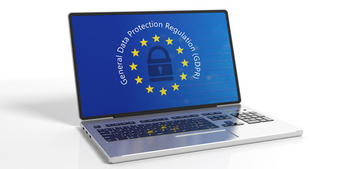GDPR, Europe. General Data Protection Regulation on laptop screen isolated on white background. 3d illustration