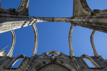  The ruins of the Carmo Church and Convent, destroyed in the earthquake 1755, amazing attraction in  Lisbon, Portugal.