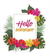 Vector illustration of hibiscus flower. Background with tropical flowers and palm leaves with text frame