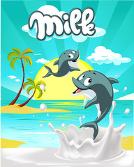 Tropical milk flat design with cute dolphin vector illustration