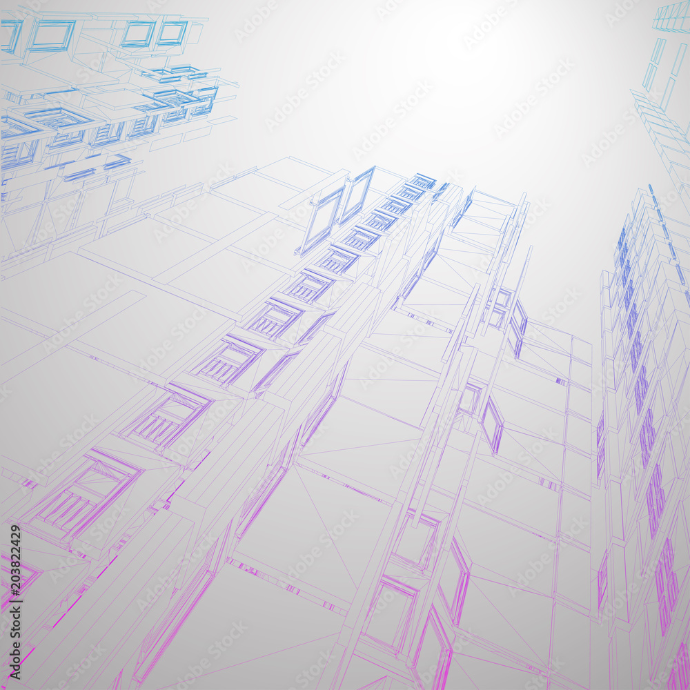 Aufkleber modern architecture wireframe. concept of urban wireframe. wireframe building illustration of archit