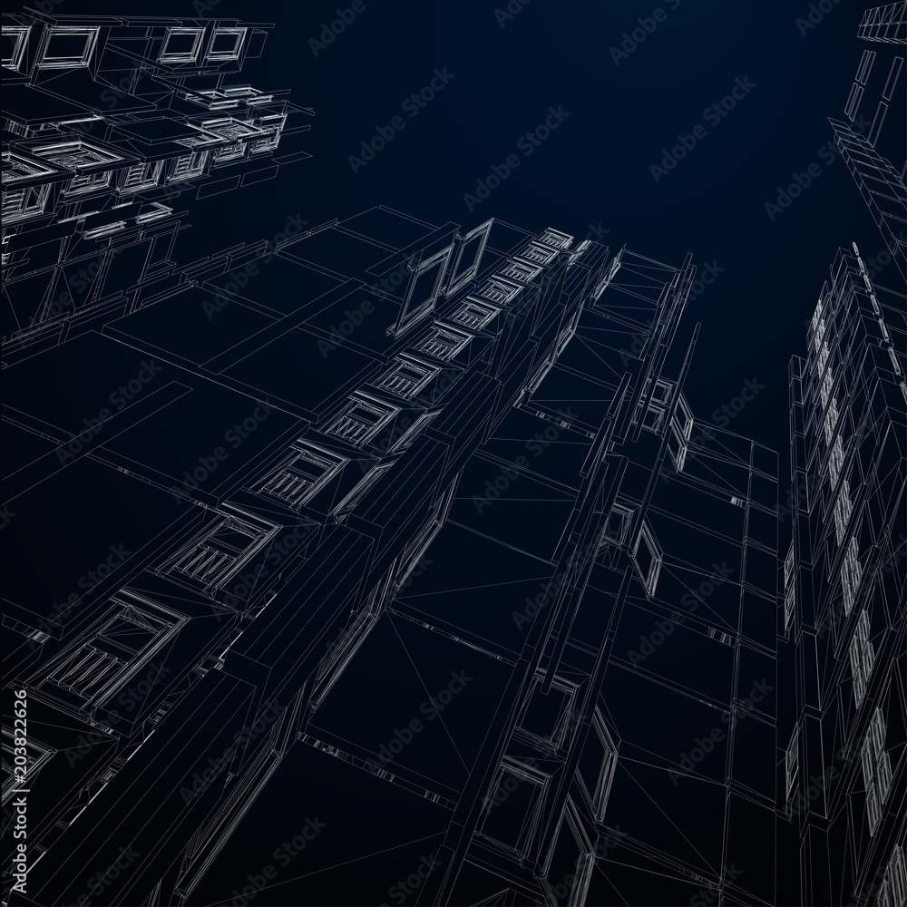 Aufkleber modern architecture wireframe. concept of urban wireframe. wireframe building illustration of archit