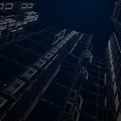 Fototapeta premium Modern architecture wireframe. Concept of urban wireframe. Wireframe building illustration of architecture CAD drawing.