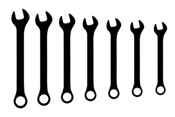 Vector black wrench spanner set on white background