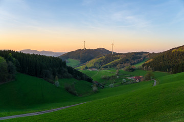 Germany, Black Forest sunset Nature landscape with wind turbines