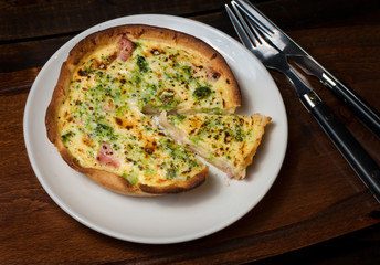 Ham and broccoli pie on a plate ready to eat