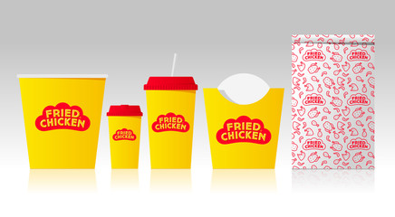 Fried chicken logo and identity. Letters on a form like red rooster comb. Mock up food packages. Corporate identity template set with pattern of fast food restaurant. Business stationery mock-up with 