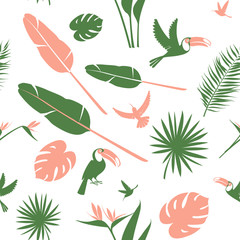 Fototapeta na wymiar Tropical flowers, jungle palm leaves, paradise tropical humming birds and toucans. Beautiful seamless vector floral pattern background, exotic print. Flat style Hygge design: pink, white, green