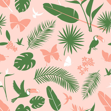 Tropical flowers, jungle palm leaves, paradise tropical humming birds and toucans. Beautiful seamless vector floral pattern background, exotic print. Flat style Hygge design: pink, white, green © svsunny