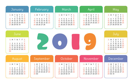 Calendar 2019 year vector. Week starts on Sunday. Color grid. Colorful template. New year card